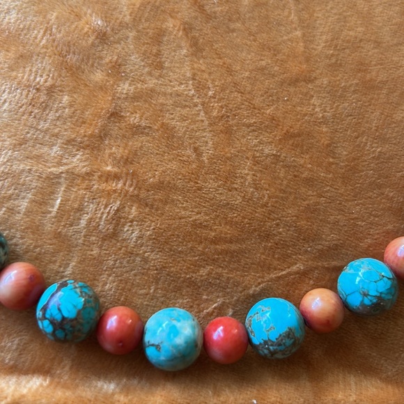 Turquoise and Coral-Colored Beaded Necklace - Picture 2 of 3
